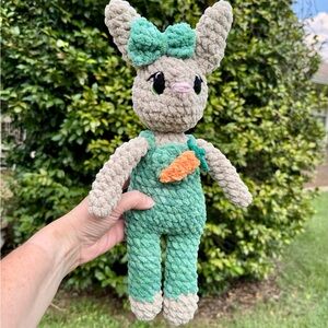 Handmade Crocheted Crochet Plush Bunny Rabbit with Green Overalls